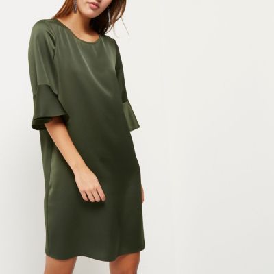 Khaki green frill sleeve swing dress